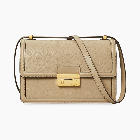 New Tory Burch T Monogram Flap Leather Shoulder Crossbody Bag In Fresh Clay - Picture 1 of 16